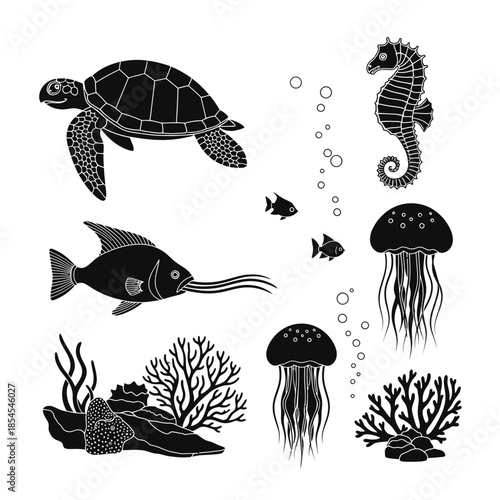 Vibrant underwater scene showcasing diverse marine life including sea turtle, seahorse, jellyfish, fish, and coral reefs in detailed silhouette style