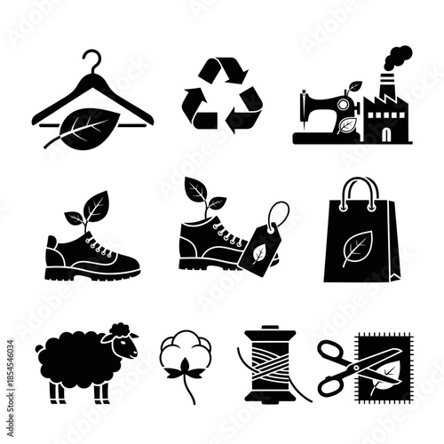 Sustainable fashion and eco friendly industry icons representing organic materials, recycling, and ethical production for a greener future