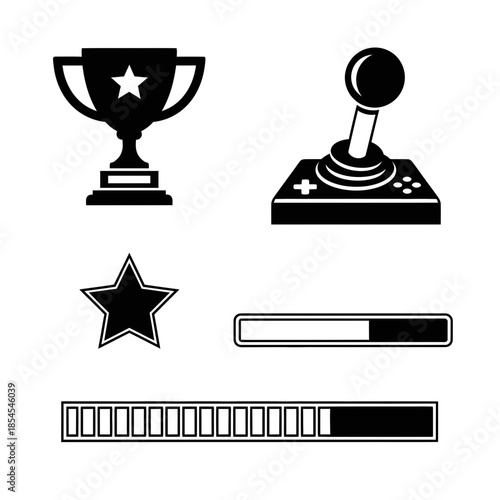 Celebrate gaming victory with trophy, joystick, star, and progress bars for ultimate achievement and anticipation