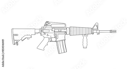 Precise line art illustration of a modern military assault rifle with various tactical attachments shown from a side profile view.