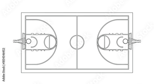Top down technical line drawing of a standard basketball court layout showing hoops, three point lines, and key areas for sports planning.