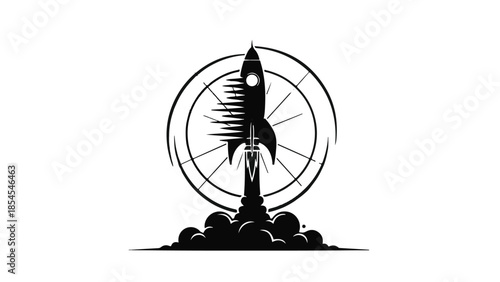 Bold rocket launching with speed lines and circular emblem
