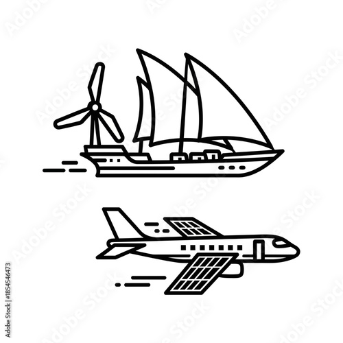 Sustainable transportation concept showing wind-powered ship and solar-powered airplane, eco-friendly travel options