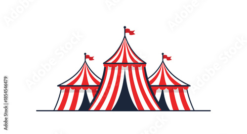 Vibrant red and white striped circus tents with flags on top evoke a sense of festive entertainment and classic carnival atmosphere.