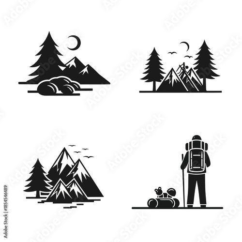 Adventurous mountain hiking illustrations perfect for branding outdoor adventures, inspiring travel, and promoting nature tourism.