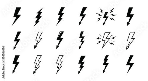 Extensive collection of black and white lightning bolt icons representing electrical power, weather phenomena, and energetic speed.