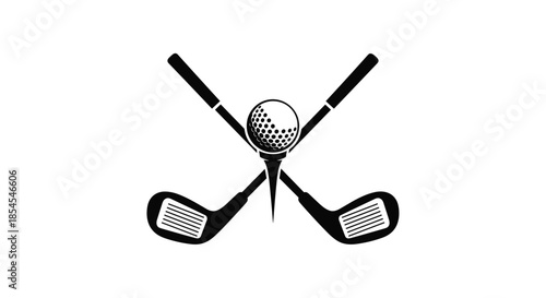 Silhouette of two crossed golf clubs and a golf ball placed on a tee as a symbol of sport and leisure activity.