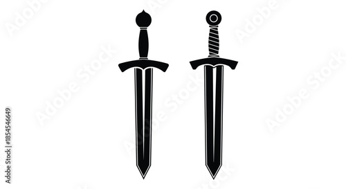 Silhouette of two different ancient short swords or daggers with detailed hilts representing historical weaponry and defense tools.