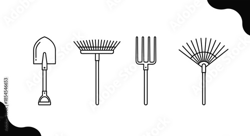 Set of black outline icons for common gardening tools including a shovel, pitchfork, and various leaf rakes for lawn care.
