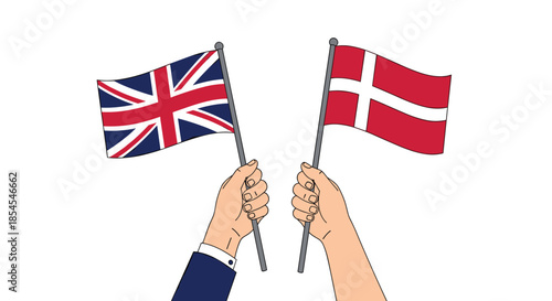 Hands holding flags of the United Kingdom and Denmark representing international friendship, diplomatic ties, and bilateral relations.