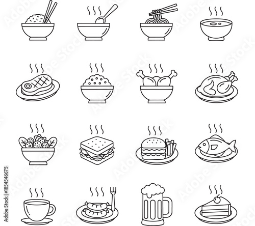 Various food items illustrated as line art icons on transparent background silhouette