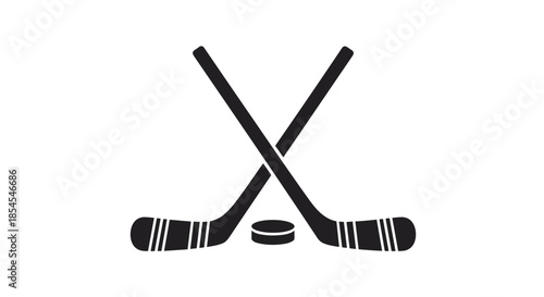 Silhouette of two crossed ice hockey sticks and a puck representing sports equipment and team competition activity.