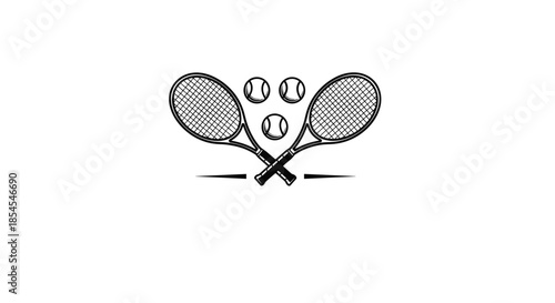 Detailed black and white line art of two crossed tennis rackets with three tennis balls arranged in the center on white background.