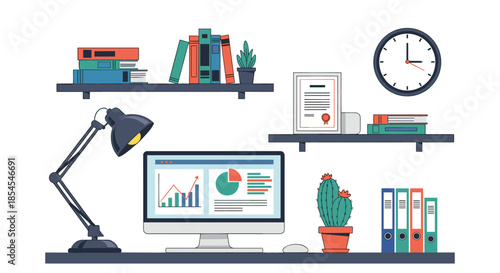 Organized home office workspace with computer monitor displaying data charts, desk lamp, cactus plant, and books on shelves.