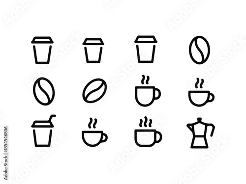 Simple black and white outline icons depicting coffee beans cups and a coffee pot