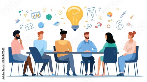Diverse group of people around a table, brainstorming with a glowing light bulb overhead