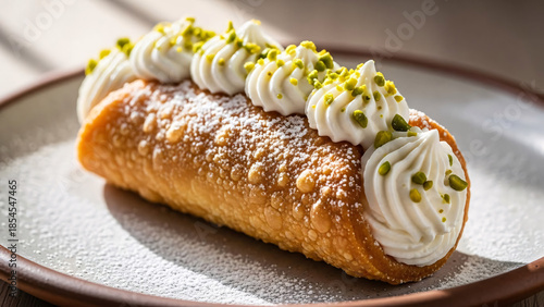 Single Sicilian cannoli filled with cream and pistachios on a plate
