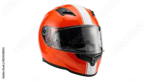 Konstfotografi Orange motorcycle helmet with white stripe isolated PNG, protective headgear for