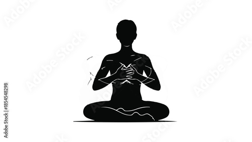 Silhouette of person meditating with hands crossed over chest in peaceful yoga pose
