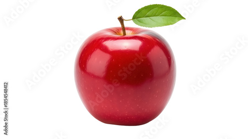 Shiny red apple with green leaf isolated PNG, fresh fruit close-up for healthy eating and food design, vibrant color and detailed texture
