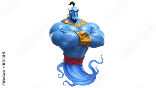 Valokuva Blue genie with crossed arms isolated PNG, magical character with gold jewelry o