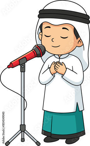Cartoon Muslim boy character wearing thobe and ghutra praying at microphone, Islamic worship, religious education, Arab kid spiritual recitation vector illustration, isolated.