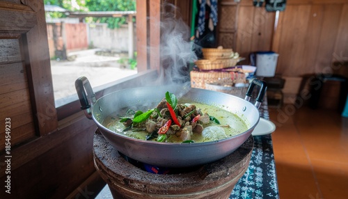 Steaming Hot Dish in Wooden Kitchen.