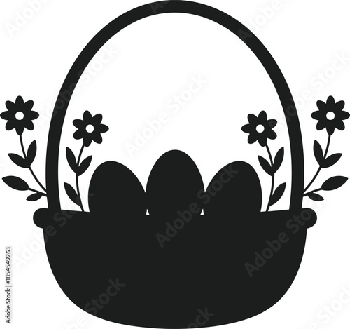 Black silhouette of an Easter basket filled with eggs and decorated with flowers vector