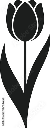 Black silhouette of a single tulip flower with two leaves on a white background vector 1