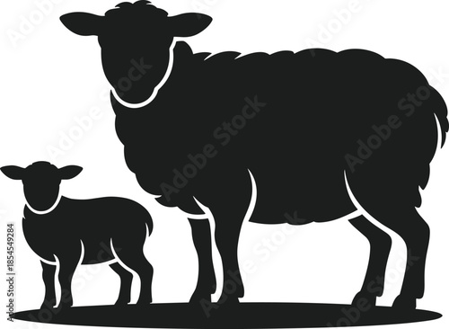Black silhouette of a mother sheep and a lamb standing on a grassy ground animal vector