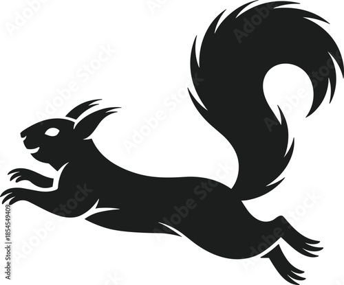 Black silhouette of a leaping squirrel with a bushy tail on a white background vector animal