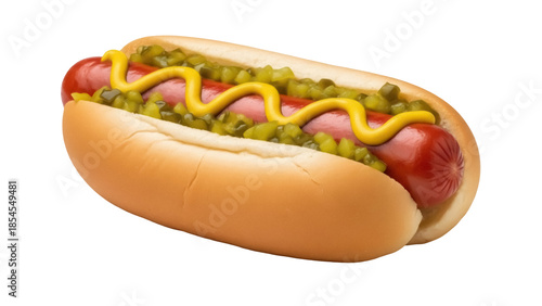 Foto Delicious hot dog with mustard and relish isolated PNG, classic American fast fo