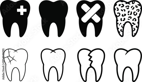 Dental health illustrations of various teeth conditions