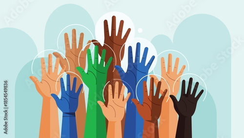 Diverse group of people raising their hands in unity and collaboration for a common goal