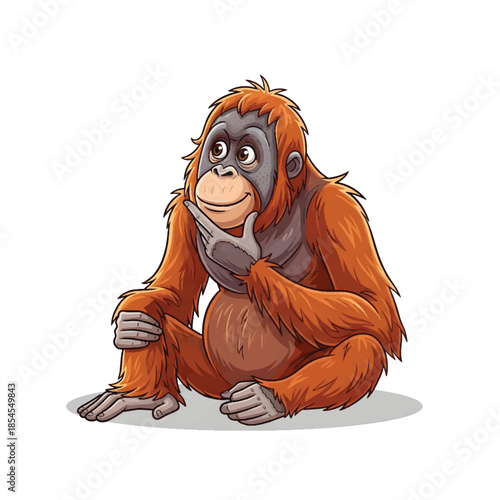 Cute cartoon orangutan illustration, pensive great ape mascot character sitting and thinking, friendly jungle primate isolated on white background