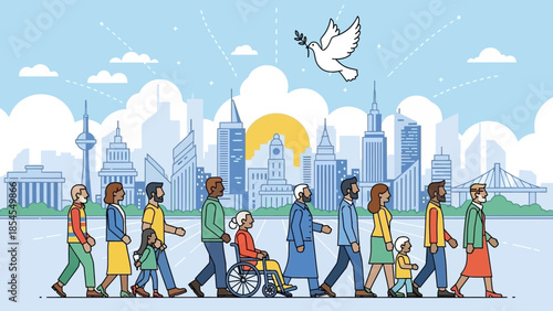 Diverse group of people walking together towards a bright future, symbolizing unity, peace, and progress in an urban setting with a dove flying overhead
