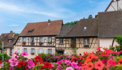 Traditional Half Timbered Houses with Vibrant Flowers.