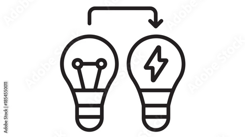 Two lightbulbs one with filament and one with lightning on transparent background silhouette