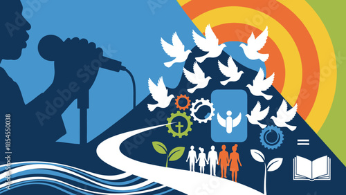 Symbolic illustration of diverse individuals and elements representing progress, education, and peaceful coexistence