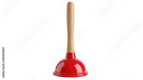 Photos Red plunger with wooden handle isolated PNG, household tool for unclogging drain