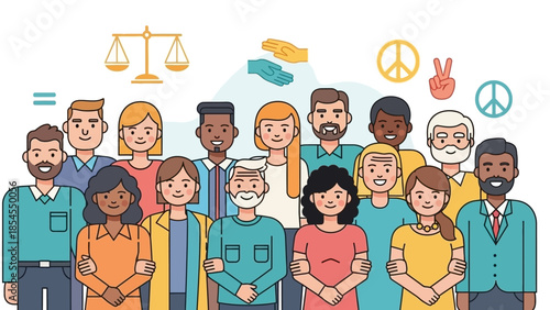 Illustration of a diverse group of people standing together, symbolizing unity and equality with icons of scales and peace signs