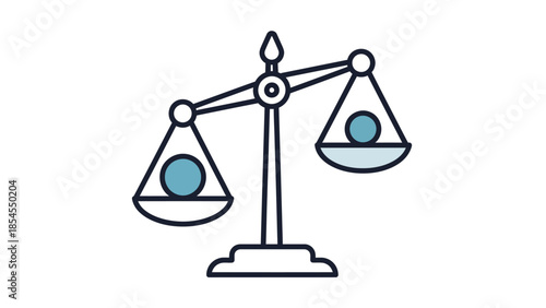 Illustration of a balanced scale symbolizing justice, fairness, and equality, with two blue circles representing items being weighed, set against a clean white background