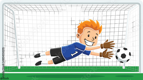 Cartoon soccer goalkeeper boy diving to save ball at goal net, happy young football player character in blue jersey vector illustration, isolated.