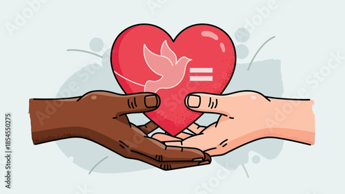 Symbol of Equality and Peace, Hands Holding a Heart with Dove and Equal Sign