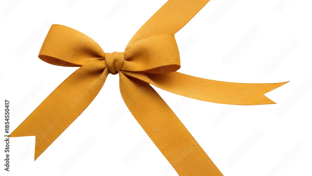 Fototapeta premium Golden yellow ribbon bow isolated PNG on transparent background, decorative element for gift wrapping and festive designs