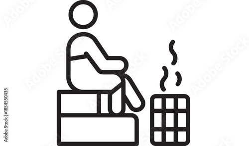 Person relaxing by a campfire with a steaming beverage on transparent background silhouette
