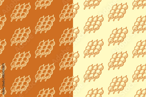 Fish cake skewer engraving seamless pattern on tan beige background set for culinary street food. Seafood snack skewer hatching pattern background. Fish paste balls snack line art motif wallpaper