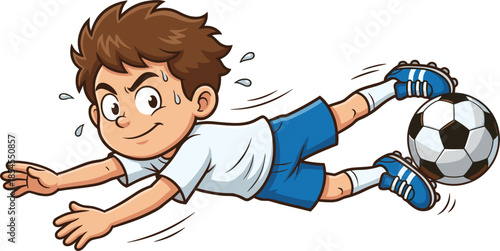 Cartoon superhero boy flying in red cape and blue mask vector illustration, happy kid character in hero costume, brave child power concept.