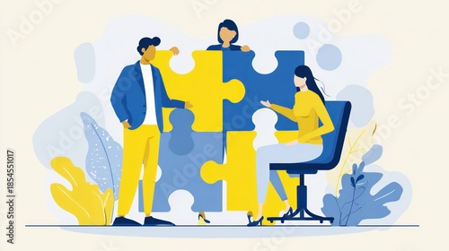 Cartoon-style figures collaborate around jigsaw puzzle pieces in a light-toned design