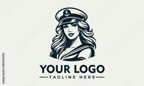 A vector illustration of a female sailor with a logo and customizable tagline on a plain background, conveying a strong nautical theme.